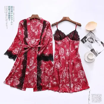 Kobiety szlafrok zestaw Kimono sukienka wiosna lato 4szt bielizna nocna Seksowna czarna koronkowe wykończenie koszula nocna print kwiat nocna odzież codzienna, odzież domowa