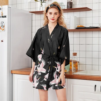 Kobiety temat piżamy oddziału satyna zawór Kimono sukienka drukowania V-neck odzież dla snu suknia noc tradycyjny styl japoński szlafrok yukata