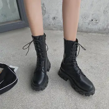 Kobiety wojskowe buty bojowe kobieta zasznurować buty gotycki toe platforma skóra masywny obcas buty moda Botas Mujer nowy
