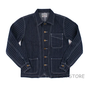 Kolej jeansowa kurtka wzór w paski męska robocza denim rutynowa casual odzież wierzchnia