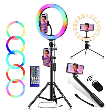 Kolorowe RGB Led Ring Light 10-calowy pilot zdalnego sterowania okrągła lampa z uchwytem telefonu i statywem kamery podstawa dla sekwencji wideo selfie