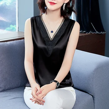 Korea moda jedwab kobiety Rękawów koronki Satyna bez rękawów damskie bluzki plus rozmiar XXXL czarne topy dla kobiet