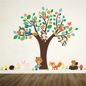 Kreskówki zwierzęta kwiatów drzewa ścienne naklejki do przedszkola dziecięcy pokój wystrój domu Królik Lis monkey safari ściany artystyczna naklejka