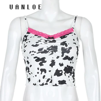 Krowa zwierząt druku koronki crop top kobiety V-neck meble ubrania Sexy backless koszulki lato topy pasek spaghetti stanik Harajuku