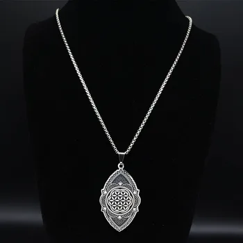 Kwiat życia ze stali nierdzewnej oświadczenie naszyjnik kobiety srebrny kolor czarna emalia duże długi łańcuch naszyjnik biżuteria joyas N3213S02