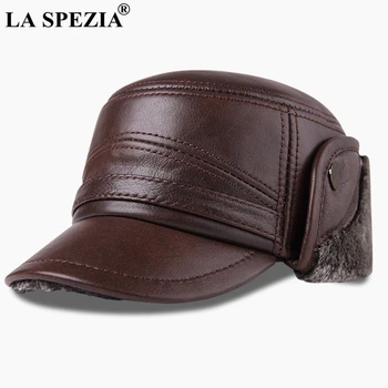 LA SPEZIA bombowiec kapelusze ze skóry naturalnej ucha klap Cap mężczyźni czarny ciepły ушанка futro kapelusz męski zima grube stare czapki z daszkiem 2021