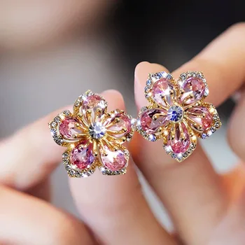 LATS Luxury Light Crystal Peach Blossom Sweet Stud kolczyki dla kobiet delikatne kwiatowe kolczyki 2020 moda biżuteria akcesoria