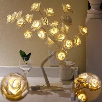 LED White Rose Flower szafka nocna sypialnia lampka nocna lampa stołowa Home Decor Simulation Christmas Tree Wedding Party(EU Plug)