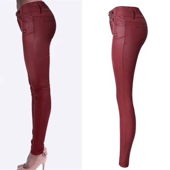 LOGAMI sztuczna skóra spodnie dla kobiet wąskie wysoka talia slim faux skórzane spodnie, odzież spodnie jesień czerwone wino Pantalones Mujer