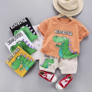 Lato 2021 Nowa odzież dla dzieci dinozaur dla dzieci zestaw z krótkim rękawem t-shirt + spodenki dla chłopców i dziewcząt 2 szt. stroje dla małych dzieci