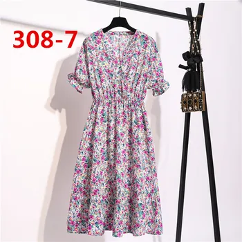 Lato V-neck krótki rękaw kwiatowy szyfonu sukienka falbanka subtelny, słodki koreański midi sukienka retro wydruku partii biuro codzienne Vestidos