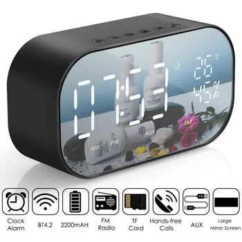 Led budzik z radiem FM Bezprzewodowy głośnik Bluetooth lustrzany wyświetlacz wsparcie Aux TF USB odtwarzacz muzyczny bezprzewodowy dla biura w domu