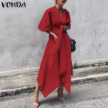 Letnia długa sukienka VONDA 6 kolorów Kobiece vintage V neck z wysokim stanem pas asymetryczne sukienka 2021 Party Vestido Robe Femme Plus Siz