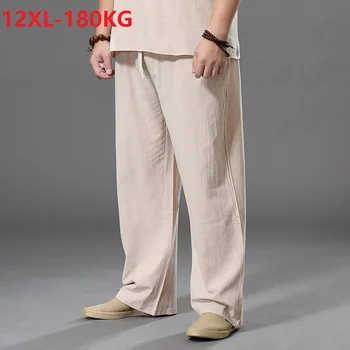 Letnie męskie bawełniane, lniane vintage spodnie styl japoński duży rozmiar 8XL 10XL 12XL szerokie spodnie oversize spodnie Męskie luźne spodnie 58