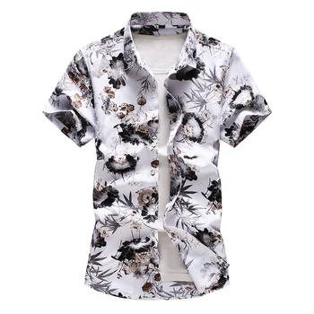 Letnie męskie kwiatowy drukowane hawajskie koszule z krótkim rękawem hip-hop wakacje plażowa impreza, casual, bawełniana wygodna miękka koszula