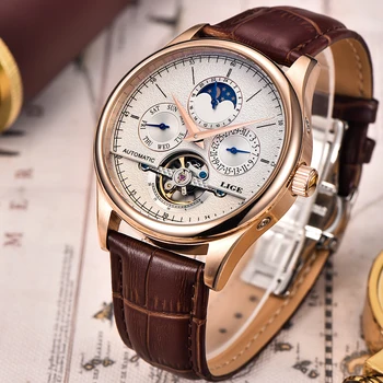 Marka LIGE męski zegarek automatyczny zegarek mechaniczny Tourbillon zegarki sportowe casual skórzane biznesowe zegarek Gold Relojes Hombre