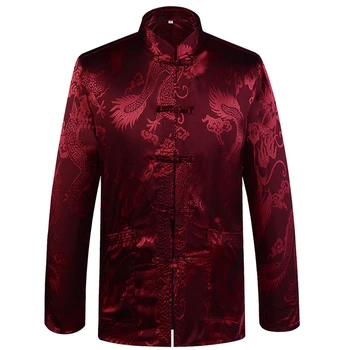 Marka projektant chiński tradycyjny męski satynowy kołnierz Mandarynka Smok jedwab Tang garnitur odzież Kung Fu kurtka płaszcz YZT1205