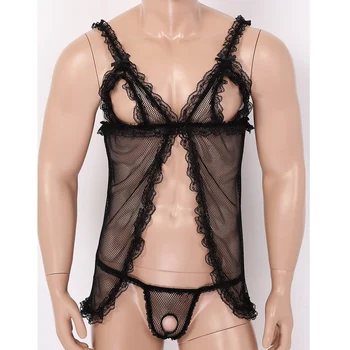 Mens Sissy Sheer Kabaretki Lace Sexy Lingerie Mini Open Cup Bra Babydoll Dress+G-String Thong Underwear Erotic Lenceria Nightwear