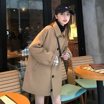 Mieszanki wełny kobiety Vintage jesień zima piękny proste jednorzędowe panie znosić wszystko Mecz moda koreański grubszy płaszcz