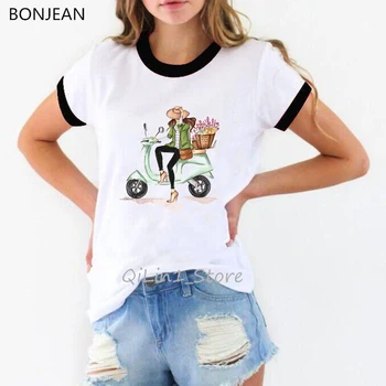 Moda Paryż w stylu lady siedzi na skuterze druku t-shirt kobiety akwarela wzór koszulki femme letni top damska odzież tumblr