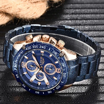 Modne niebieskie zegarki męskie LIGE Top Brand Luxury Business wodoodporny zegarek kwarcowy dorywczo chronograph ze stali nierdzewnej zegarek męski zegarek+pudełko