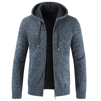 Męski zimowy sweter płaszcz gruby ciepły sweter z kapturem, swetry mężczyźni paski kaszmir wełna wkładka zamek polar płaszcz odzież wierzchnia