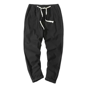 Męskie bawełniane, lniane bezpośrednie temat spodnie casual męskie pasek jednolity kolor kieszeni spodnie dresowe fitness jogging spodnie