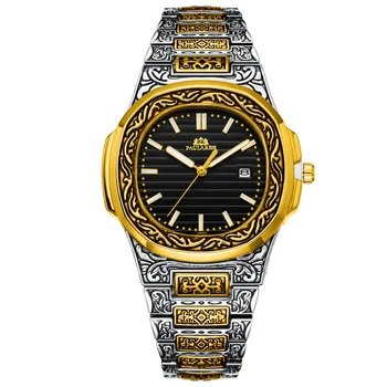 Mężczyźni rzeźbione rocznika rocznika świecące różowe złoto, żółte złoto srebro 2 kolory moda niebieski szary kawy moda zegarek kwarcowy luksusowe zegarki