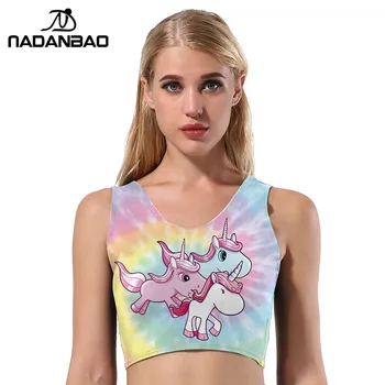 NADANBAO Crop Tops Sporting Fantasy Rainbow Unicorn 3D Printed Women Top Love Shape Cropped Feminio