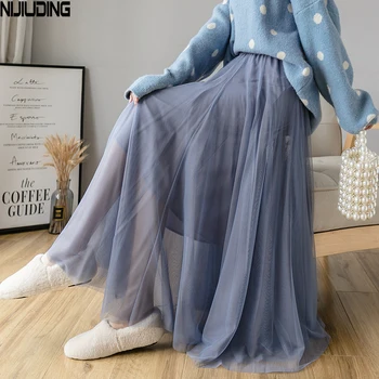 NIJIUDING Half-length Skirt damska jesień 2020 nowy styl spódnica średniej długości z wysokim stanem kolor Sexy Plisowana a-силуэтная netto spódnica