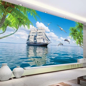 Niestandardowe Malowidła Ścienne Tapety Ścienne Wodoodporny Płótnie Malarstwo Mewa Kokosowe Drzewo Jacht Morski Krajobraz Salon Plakat Dekoracji Ścian