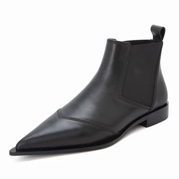 Niskie obcasy klasyczne czarne buty chelsea skóry wołowej skóry Ostry skarpety antypoślizgowe na botki dla kobiet 2019 jesień nowe elastyczne buty