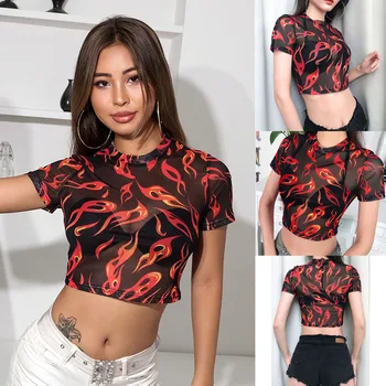 Nowa Damska letnia przezroczysta koszulka z krótkim rękawem okrągły dekolt Sheer Mesh Top T-Shirt Fire Print casual t-shirt