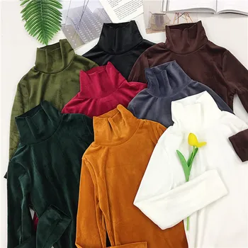 Nowa Wiosna Kobiety Golf Koszulka Koszulki Ciepłe, Grube, Odzież T-Shirty Damskie Dna Z Długim Rękawem Koszula Szczyty