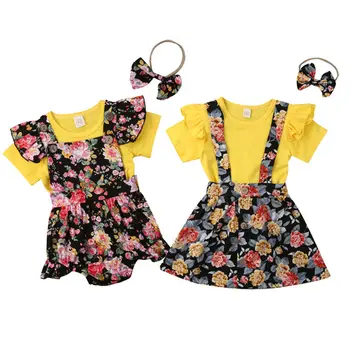 Nowości Baby Flower Girls Summer Clothes Kids Tops T-shirt Strap Romper Dress Outfits Clothing