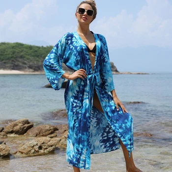Nowy obiekt, w plażowym kaftan długi Plażowa tunika pareo de plaża bikini przykrywka kimono Playa plaża strój kąpielowy przykrywka stroje kąpielowe koszula