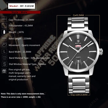 Nowy top luksusowej marki zegarek męski Benyar Sport Casual zegarki męskie stalowe biznesowych zegarki męskie mody zegarek Relogio Masculino