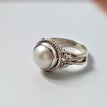 OMHXZJ Hurtownia europejska moda gorąca kobieta, dziewczyna, impreza urodziny prezent ślubny Vintage okrągłe perły srebro próby 925 pierścień RR842