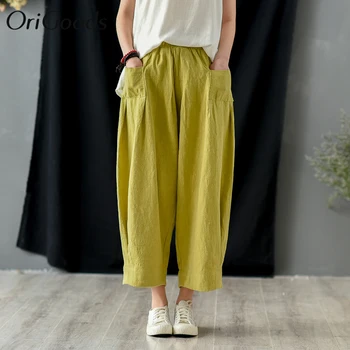 OriGoods Damskie spodnie plus size lniane spodnie szarawary temat codziennych 2020 letnie nowe spodnie Damskie lniane krótkie spodnie C323
