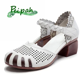 PEIPAH platforma skóra naturalna Damskie sandały matki hollow, małe buty dla kobiet etniczna osłona pięty slajdy obuwie