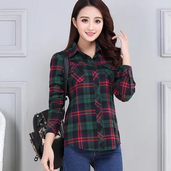 PEONFLY 2019 New Vintage Plaid Blouses Shirt Cage Female Long Sleeve Casual Slim Women Plus Size Shirt Office Lady Tops Red