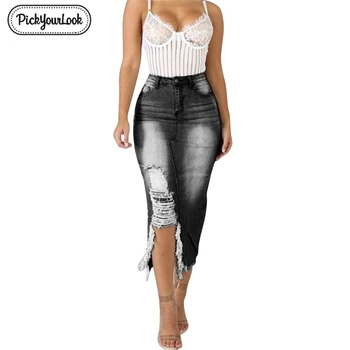Pickyourlook plus rozmiar jeansowa spódnica dla kobiety wysokiej talii uszkodzenie dziura maxi spódnica dla kobiet rocznika obcisłe dżinsy Lady spódnica odzież uliczna