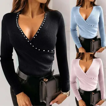 Plus rozmiar damska bluzka z dzianiny V-neck wiosna lato moda z długim rękawem Slim-fit Pearl Sexy Women Crop Top Solid sweter 2021 P
