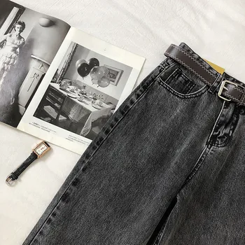 Proste spodnie jeans damskie wysokie Wasit Boyfriend Mom Jeans Mujer niebieski czarny vintage, eleganckie jeansowe spodnie jeans z paskiem 2020