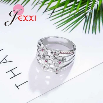 Punk styl szeroki palec kwiaty pierścień 925 srebro biżuteria z czerwonym CZ Kryształ dla kobiet Gilrs prezent na boże Narodzenie