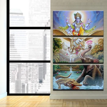 Płótno obrazu HD grafiki ścienne sztuka 3 sztuki hinduskiej Pan Bóg Wisznu siedzący na Гаруде malarstwo wystrój domu słoń plakat ramki
