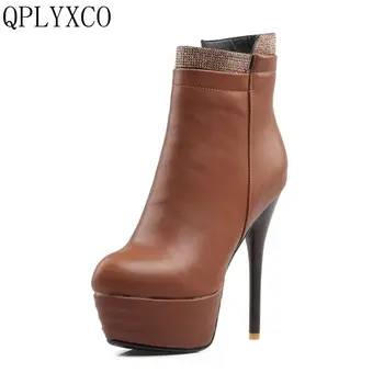 QPLYXCO 2017 nowa wyprzedaż duży mały rozmiar 31-46 kostki krótkie buty zima sexy kobiety okrągłe toe buty na obcasie(14 cm) buty ślubne 559