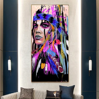 RELIABLI ART Feather Warrior Woman Girl Portrait Pictures Canvas Painting Wall Art For Living Room Modern Home Decoration