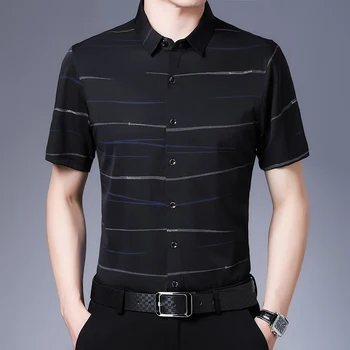 RROWON 2020 Summer Mens Dress Shirts Thin Short Sleeve z Przeplotem Printed Anti-wrinkle Shirt Fashion Smart Casual Slim Men Shirts