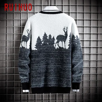 RUIHUO Deer Print męski sweter z dzianiny szczyty sweter odzież Męska Męskie swetry 2020 jesień zima nowa dostawa M-2XL